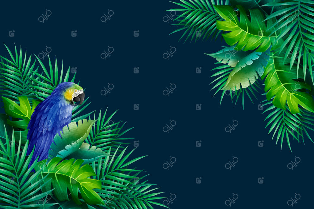 طوطی عجیب و پس‌زمینه‌ای از برگ‌ها