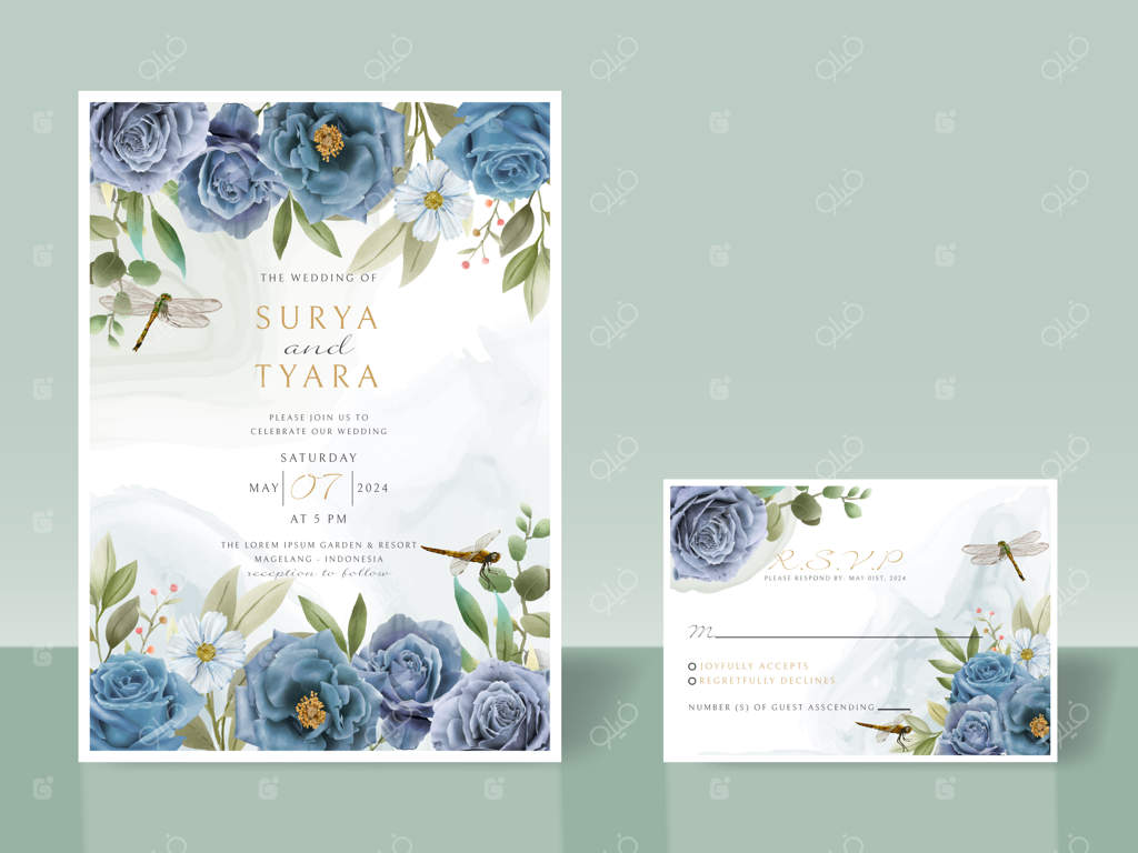 کارت دعوت عروسی با طراحی دستی گل‌های آبی و سنجاقک