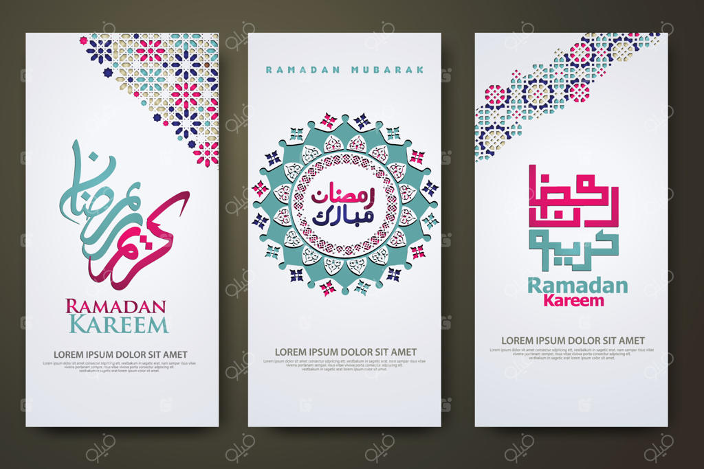 قالب ست بنر رول آپ لوکس و شیک، رمضان کریم با خوشنویسی اسلامی، هلال ماه، فانوس سنتی و طرح بافت مسجدی پس‌زمینه اسلامی