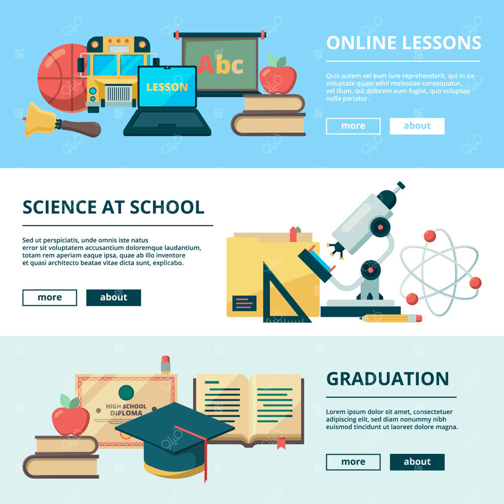 بنرهای تخت مدرسه: تصاویر وکتور آموزشی از وسایل مدرسه، کتاب‌ها و لوازم التحریر برای کالج