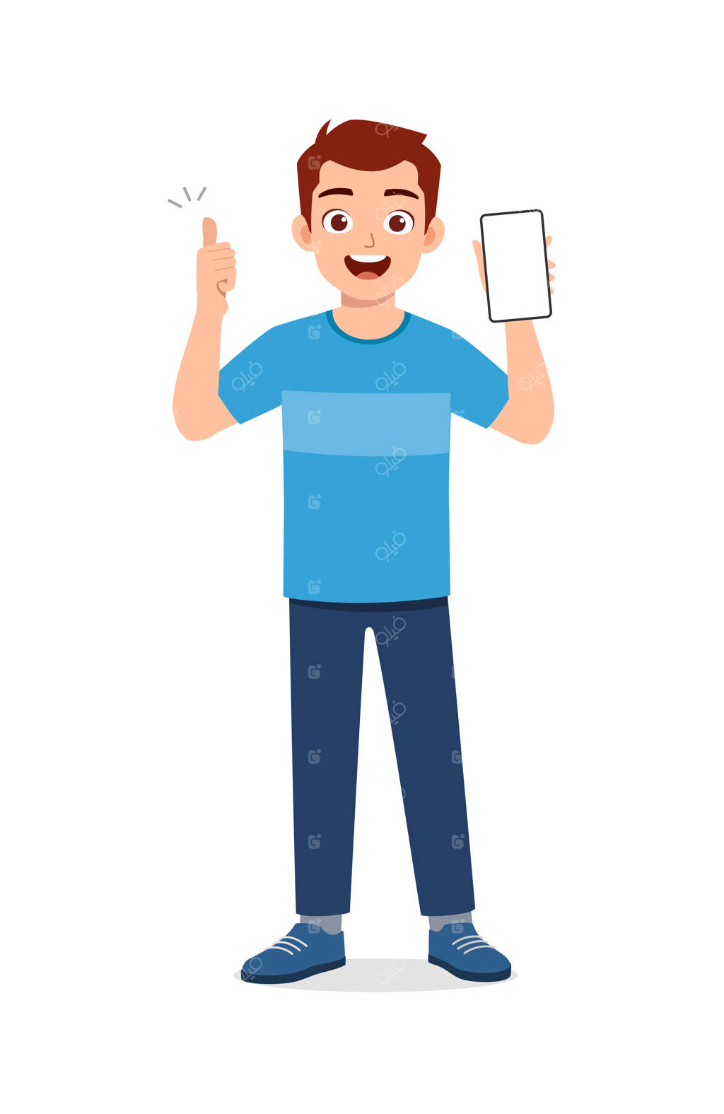 جوانی صفحه نمایش گوشی را با ژست شست بالا نشان می‌دهد