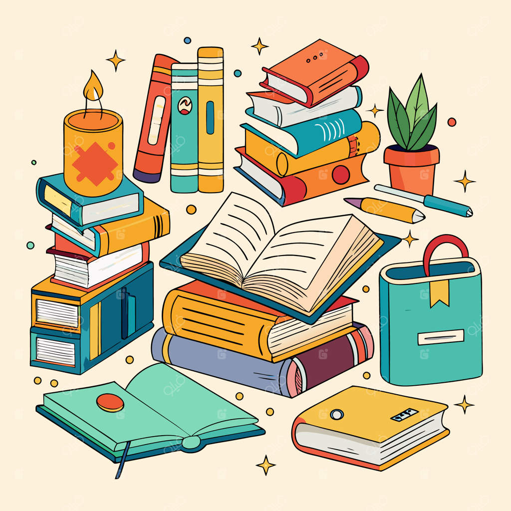 تصویرسازی آموزشی خلاقانه و رنگارنگ با کتاب‌ها و لوازم تحریر مدرسه