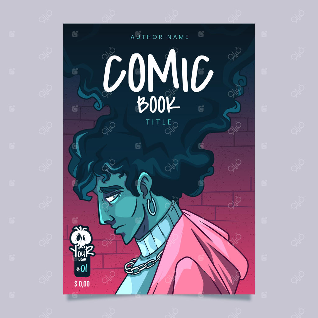 قالب عمودی جلد کمیک با تصویر مردی با موهای حجیم