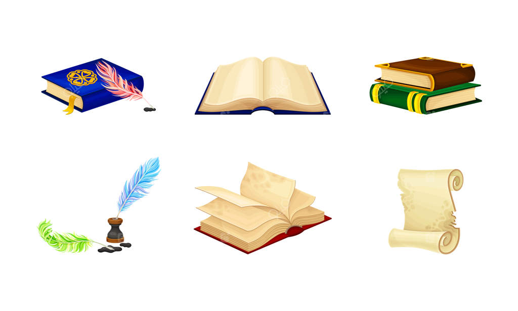 کتاب‌های قدیمی با جلد سخت و صفحات و طومارها همراه با مجموعه قلم پر