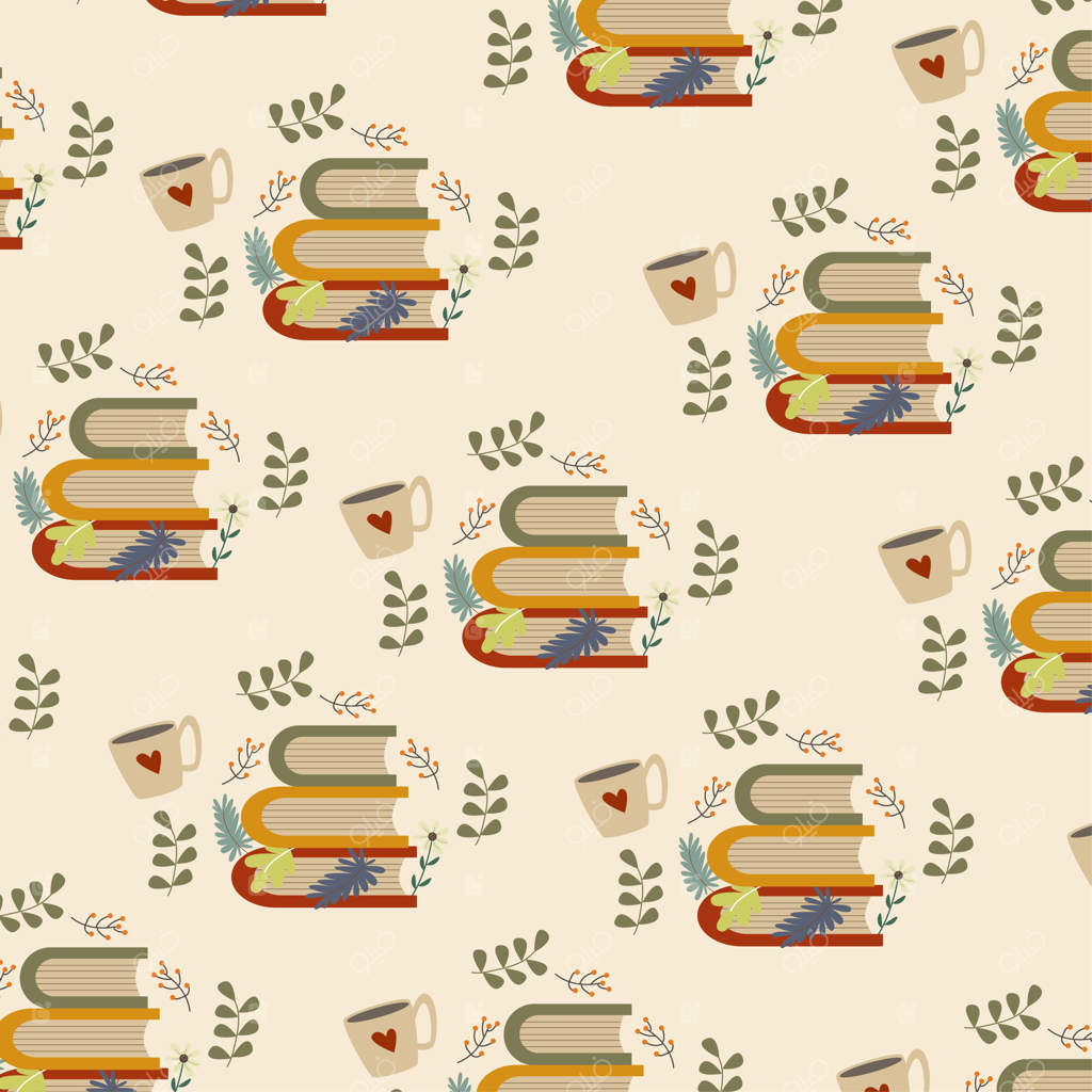 پترن چیدمان کتاب با فنجان‌هایی که نماد عشق‌اند. عنصر تزئینی. تصویر وکتوری.