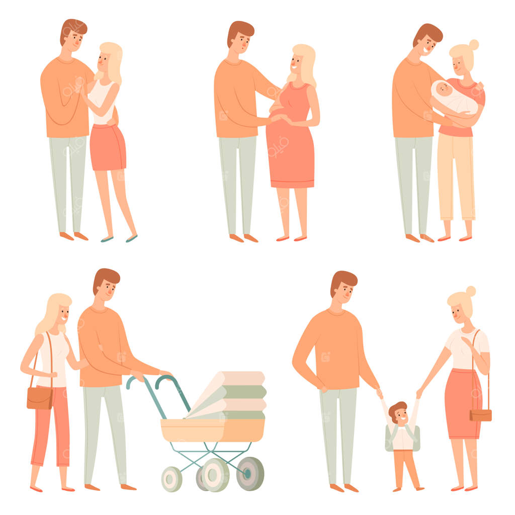 روابط خانوادگی. تصاویر شاد از کودکان، پدران، دانش‌آموزان، و خانواده بزرگ در قالب کارتونی. تصویرسازی خانواده با پدر، مادر و نوزاد.