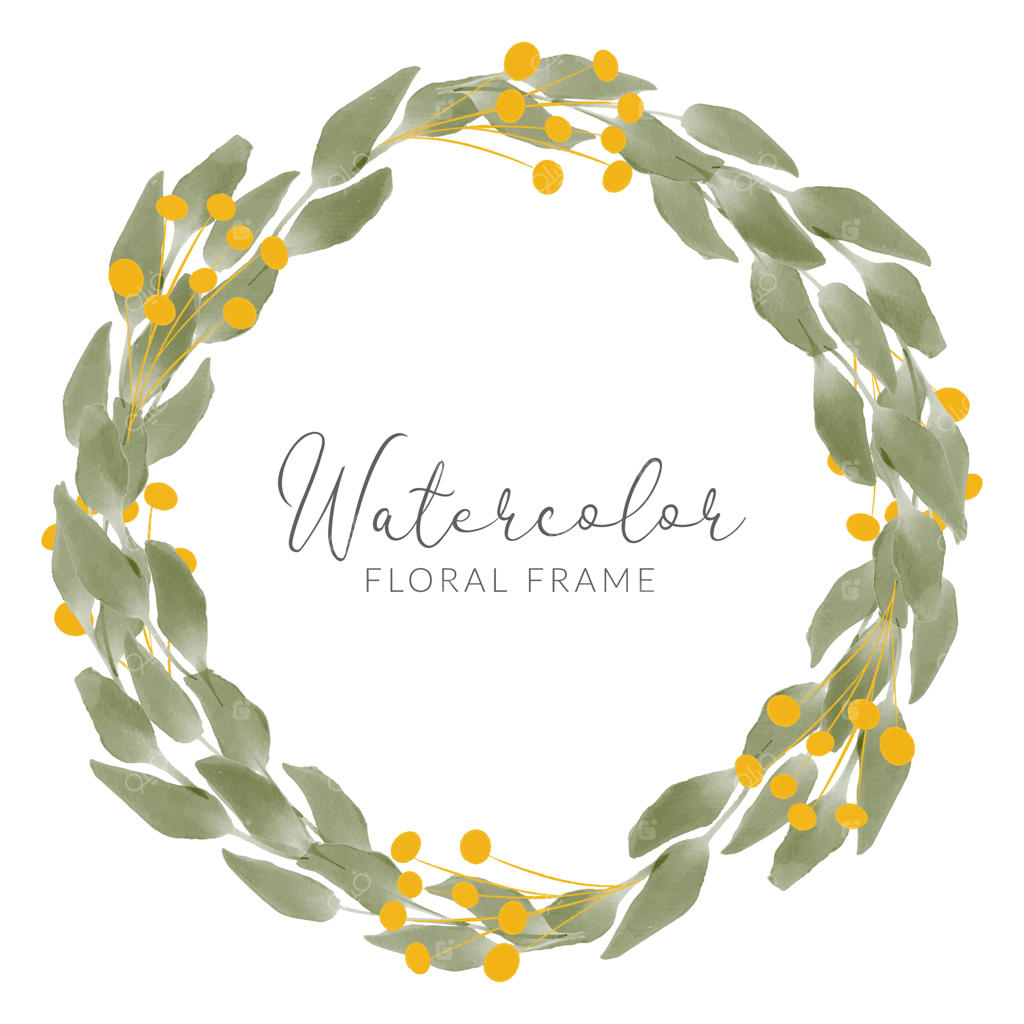 ترکیب شاخ و برگ آبرنگی دست‌ساز با قاب دایره‌ای طلایی