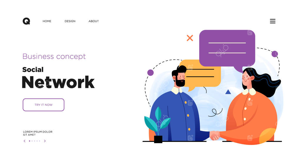 طراحی قالب صفحات فرود وبسایت برای شبکه های اجتماعی و مفهوم ارتباطات دیجیتال