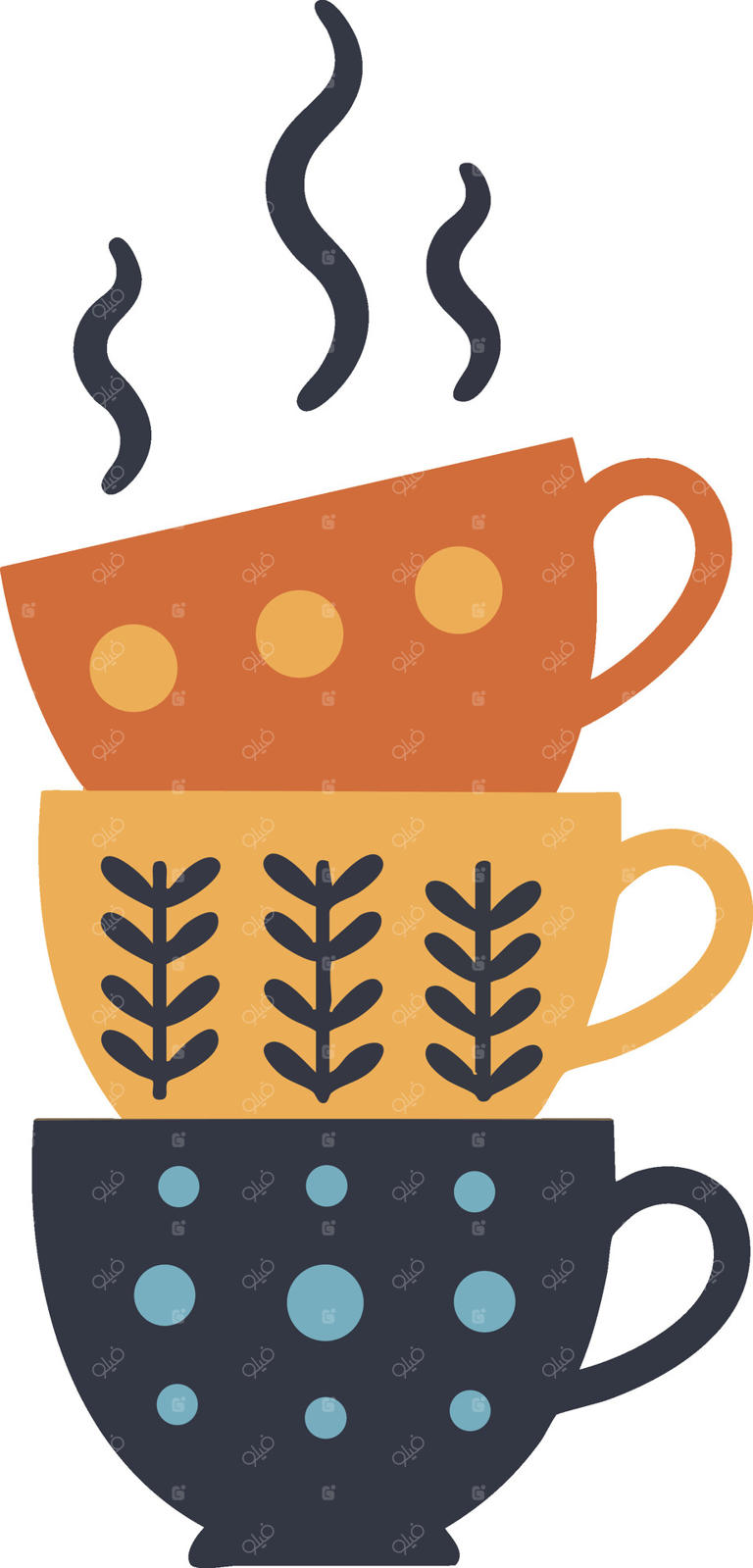 تصویر ساده فنجان‌های قهوه رنگارنگ با بخار در حال صعود در رنگ‌های گرم قهوه‌ای، نارنجی و آبی