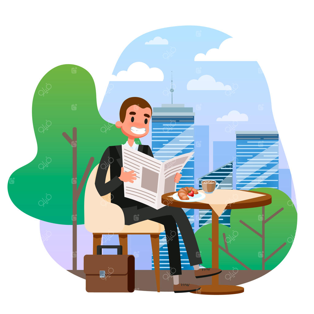 تاجر با کت و شلوار در حال نشستن بر سر میز در کافه