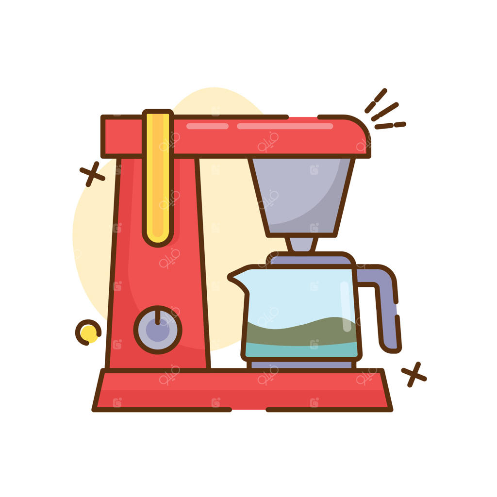 تصویری از یک قهوه‌ساز قطره‌ای کارتونی نشان داده شده است. بدنه اصلی قهوه‌ساز قرمز رنگ است و رنگ زرد آن را تزیین می‌کند.