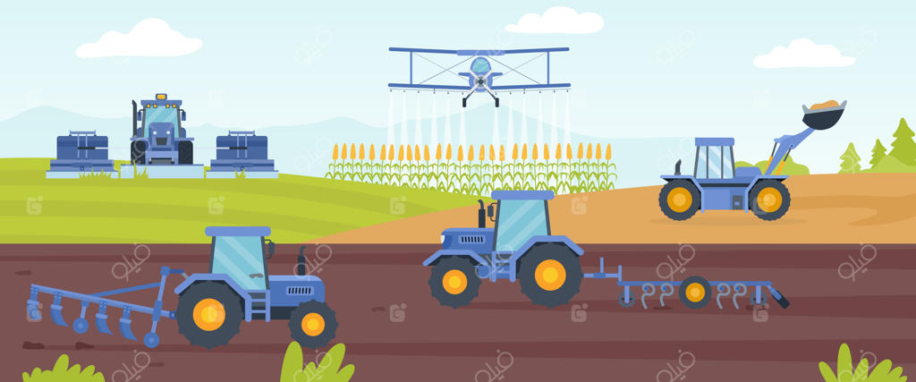 بنر ماشین‌آلات کشاورزی با چشم‌انداز مزرعه و تراکتور. ترکیب دستگاه‌ها برای کاشت محصول. مفهوم صنعت کشاورزی. تجهیزات کشاورزی برای شخم‌زنی و اسپری مزارع.