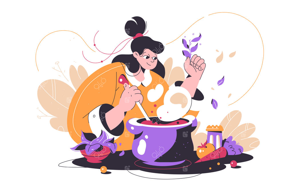 دختر مشغول پخت و پز: اضافه کردن مواد به قابلمه همراه با سبزیجات تازه روی میز