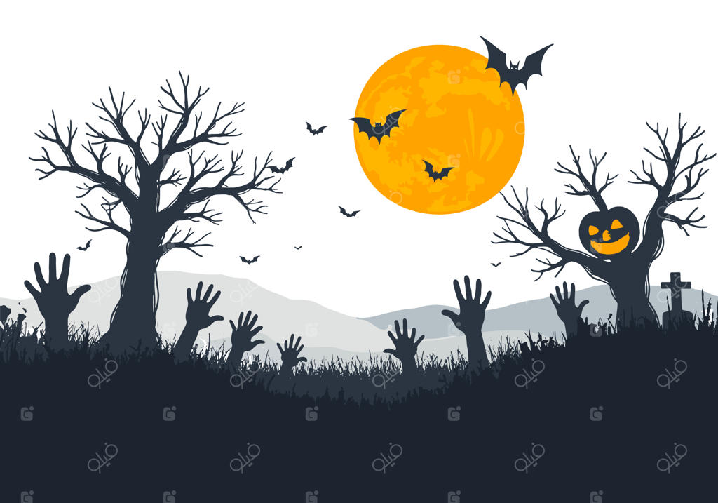 طرح وکتوری از مزرعه کدو تنبل با خفاش‌ها و ماه در پس‌زمینه