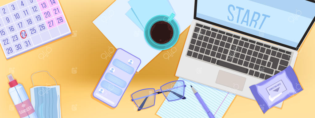 تصویرسازی آموزش آنلاین با لپ‌تاپ و گوشی هوشمند از نمای بالا