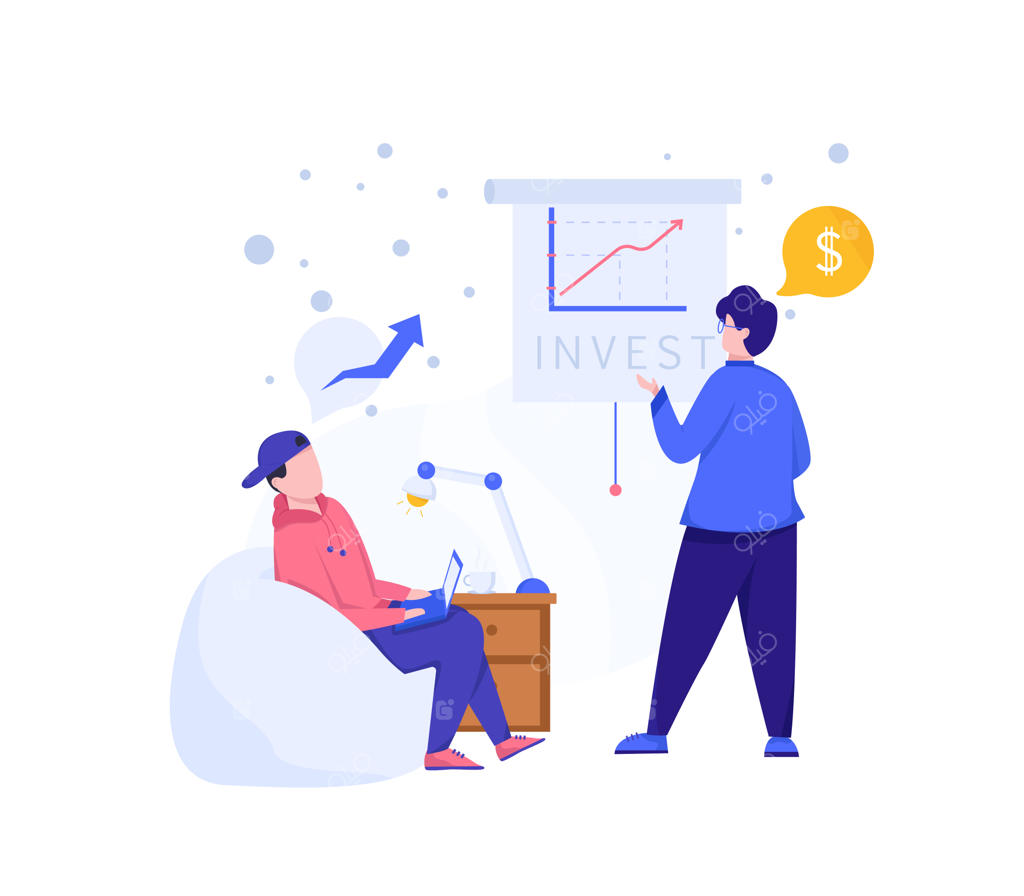 سرمایه‌گذاری تصویری: دو نفر در حال توضیح سرمایه‌گذاری. همکاری مردم در سرمایه‌گذاری‌ها