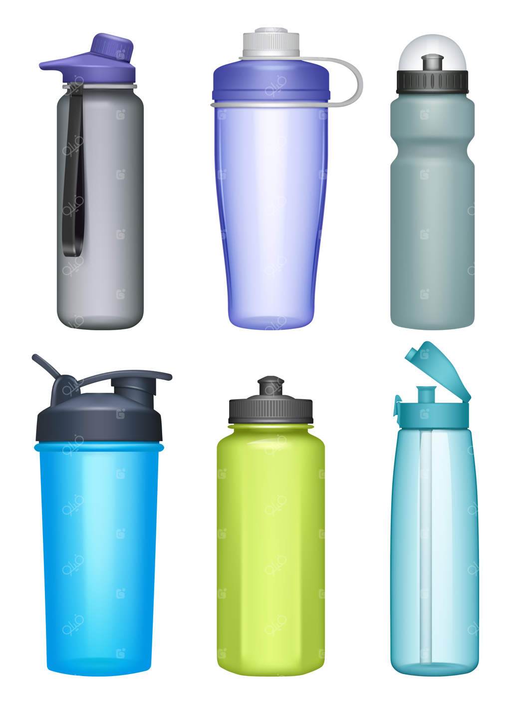 بطری‌های فیتنس: بطری‌های پلاستیکی برای آب، تمرینات دویدن و لوازم تناسب‌اندام. مجموعه‌ای واقعی از طرح‌های مدل‌سازی. نوشیدنی فیتنس در بطری، تصویرسازی ظرف پلاستیکی برای آب.