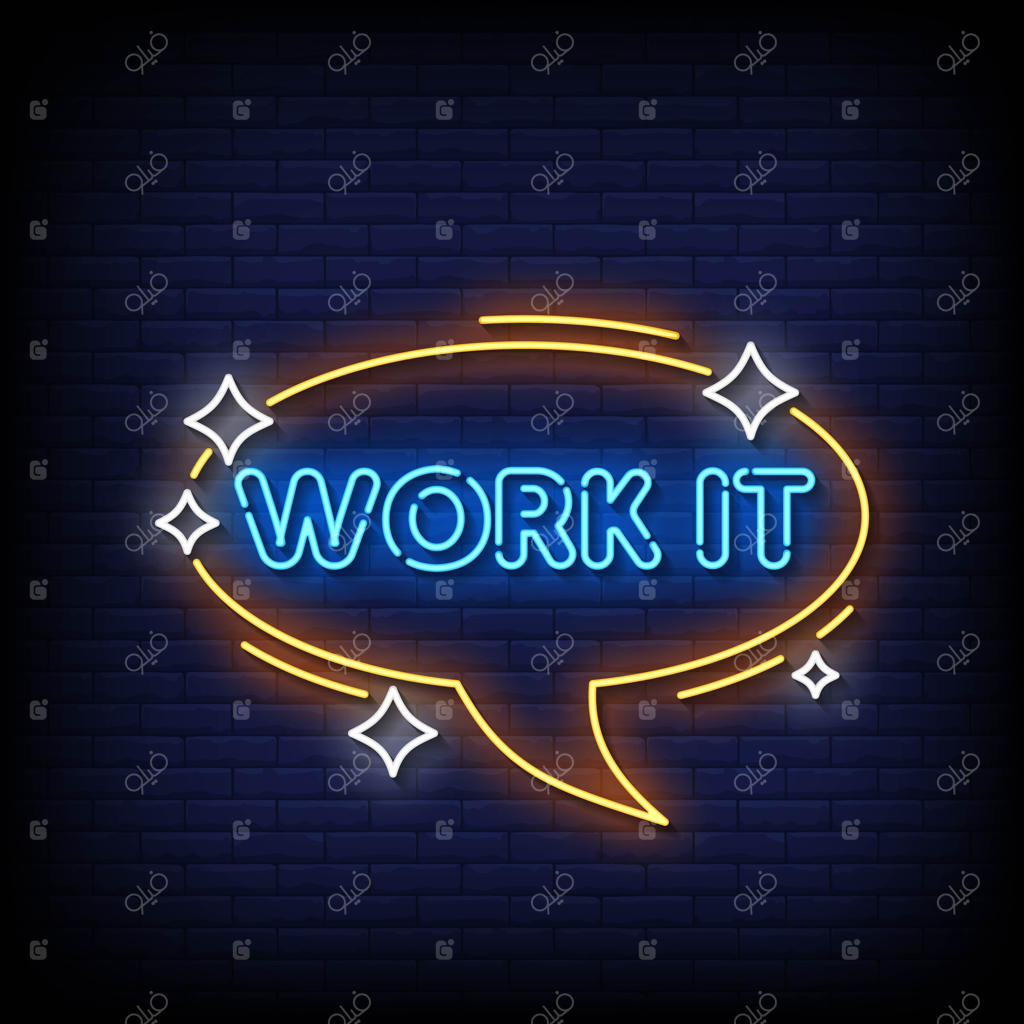 طرح تابلوی نئونی "کار کن" با پس‌زمینه دیوار آجری وکتور