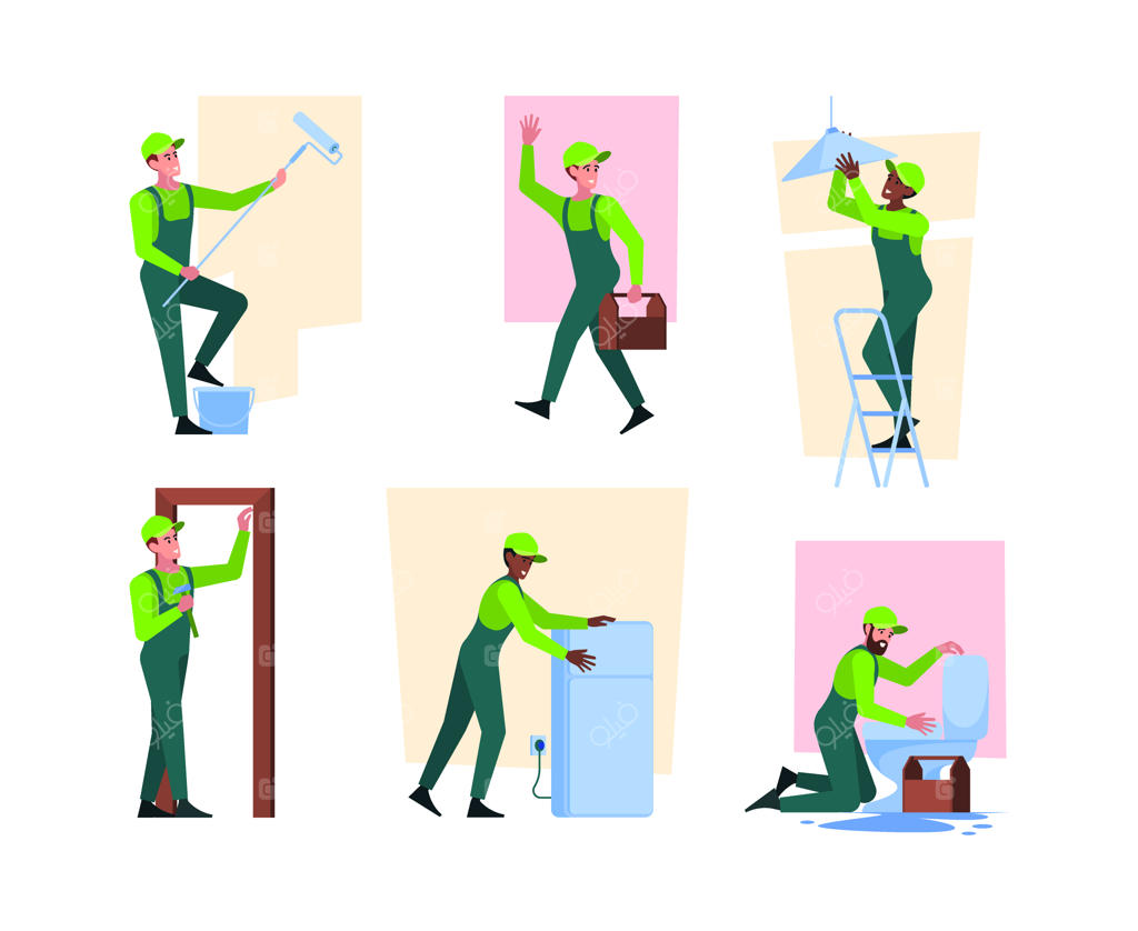 خدمات تعمیرات منزل: کارگران، نقاشان، لوله‌کش‌ها و صنعتگران - بازسازی، ساخت و ساز و دیوارکشی با تصاویر برداری جذاب و شخصیت‌های تخت