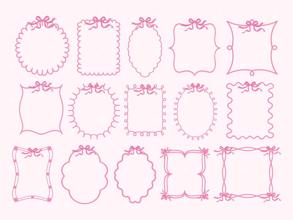 قاب دمدمی صورتی با خطوط موج‌دار، پاپیون و روبان. طراحی دستی دخترانه و زیبا برای تزئینات، کارت تبریک، عروسی و چاپ‌ها