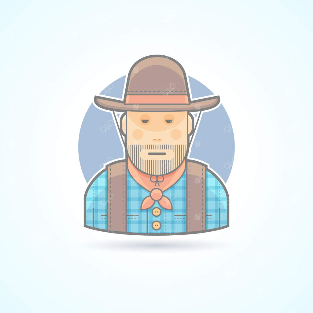 کابوی با کلاه و کت، نماد یک حیوان‌دار آمریکایی. تصویر آواتار و شخصیت. سبک رنگ آمیزی شده با خطوط.
