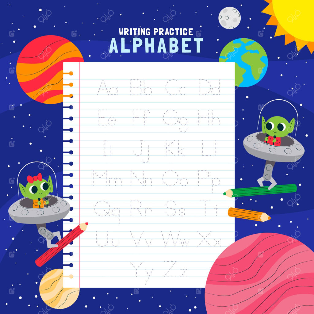 الگوی تمرین حروف الفبا با طرح موجودات فضایی و سیارات