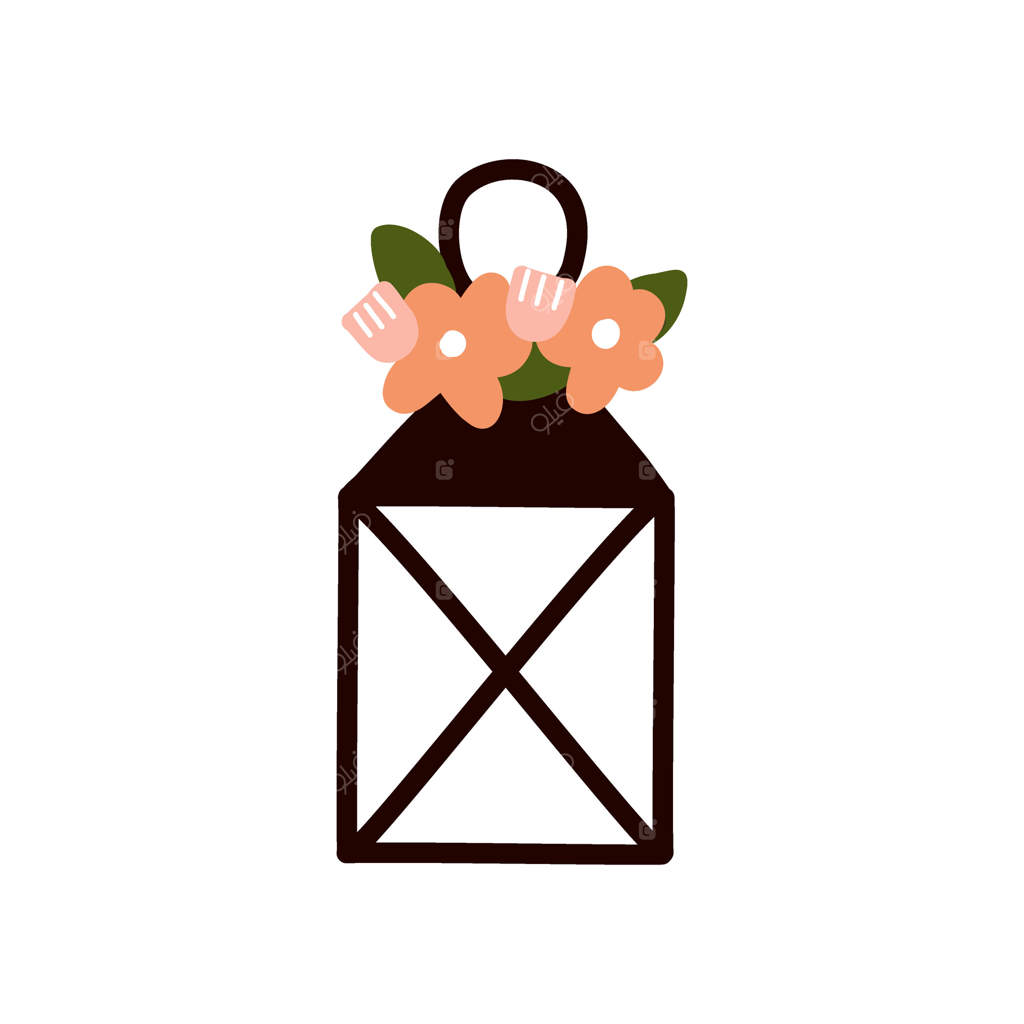 نقاشی دستی فانوس سنتی وینتیج زیبا با المان‌های باغ گل و ابزارها.