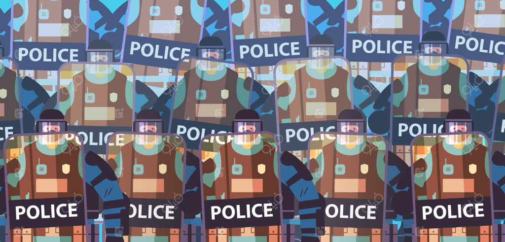 پلیس‌های ضد شورش با تجهیزات کامل و سپر و باتوم در حال ایستادن برای کنترل تظاهرات