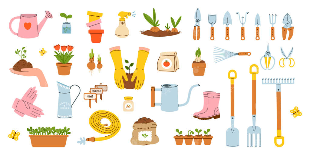 مجموعه بزرگی از عناصر تجهیزات باغبانی: تصویرسازی عناصر باغبانی شامل چکمه‌های لاستیکی، شلنگ، گیاهان، آب‌پاش، گلدان، چمن، دستکش‌های باغبانی، بیلچه و بذرها. باغبانی، کشاورزی و دوستدار محیط زیست.