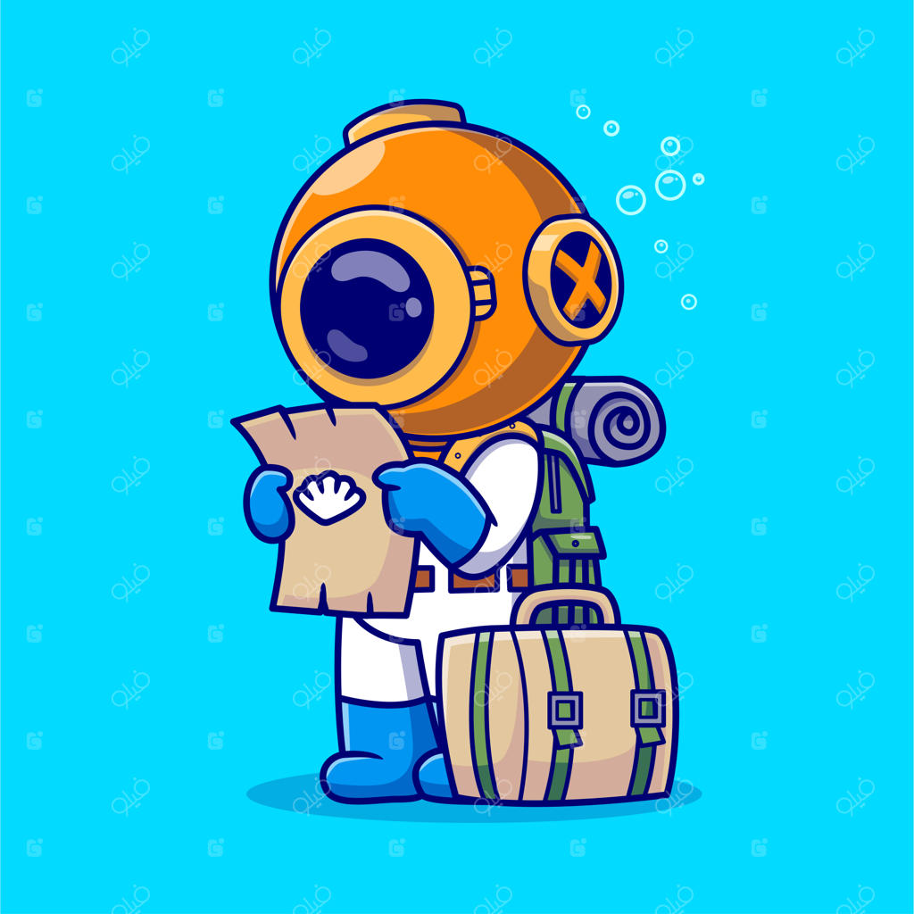 غواص بامزه با نقشه و کوله‌پشتی - تصویر برداری کارتونی مناسب برای تعطیلات علمی