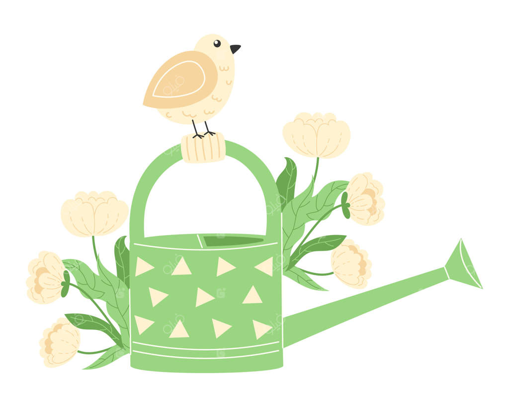 پرنده کوچک بهاری نشسته روی دسته آبپاش سبز با طرح هندسی در میان گل‌های صد‌تومانی سفید