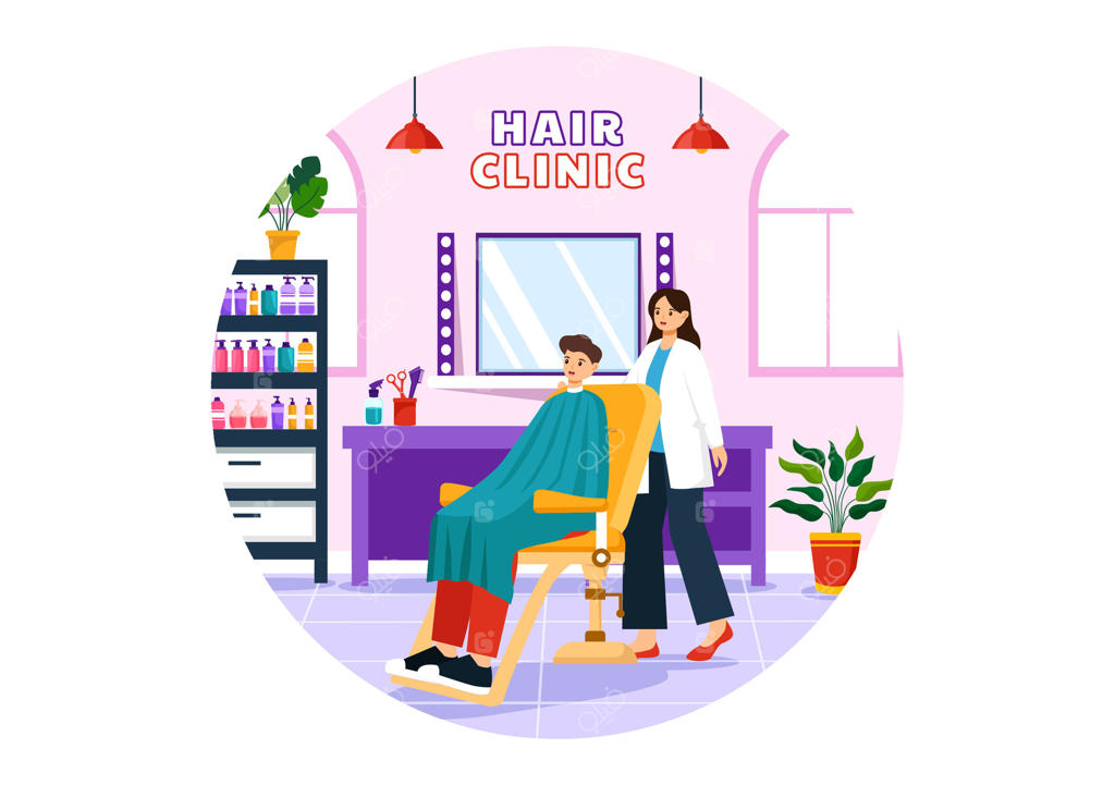 تصویرسازی کلینیک مو با آرایشگر، کوتاهی، مراقبت و مدل‌دهی مو در سالن زیبایی یا آرایشگاه به سبک کارتونی و مسطح