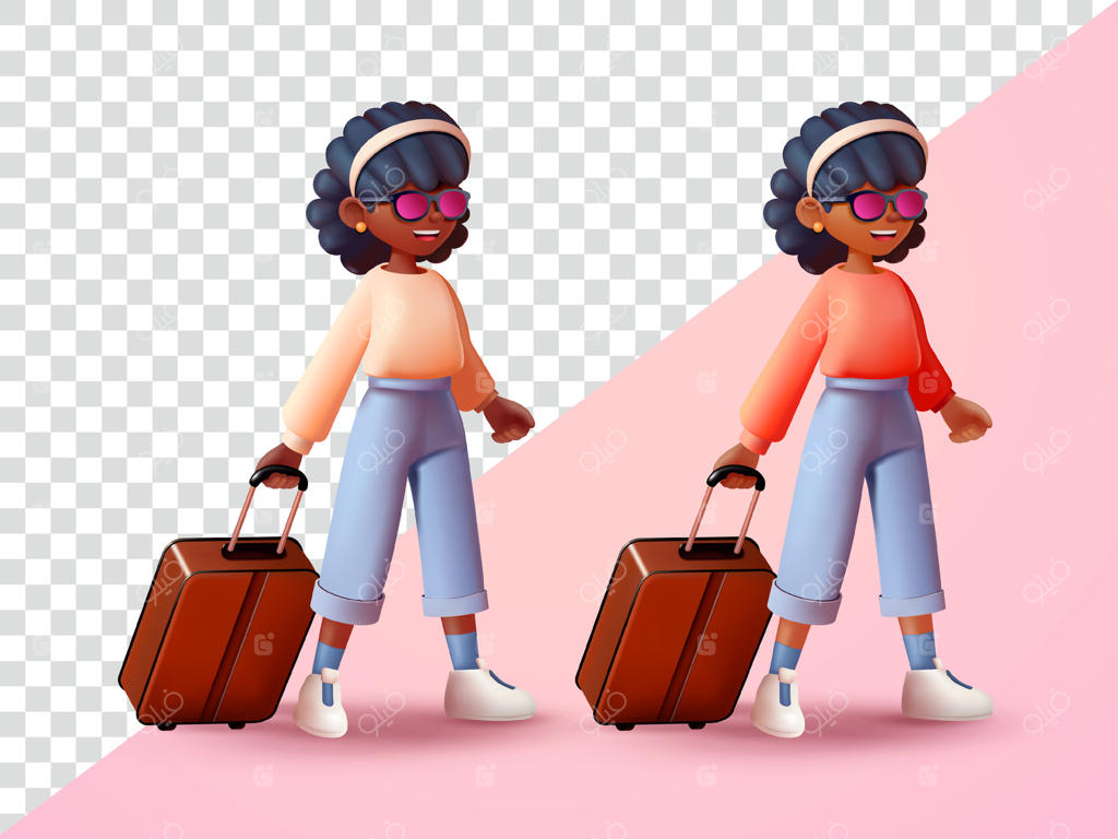 زن مسافر با چمدان. مناسب برای تبلیغات و عناصر طراحی در محیط سه‌بعدی