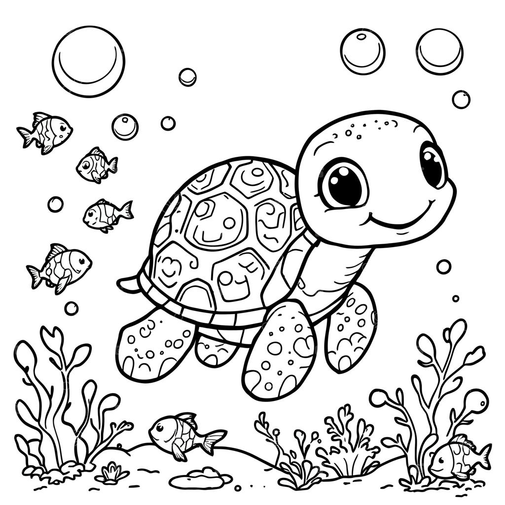 لاک‌پشت کارتونی بامزه در حال شنا زیر آب با ماهی‌های کوچک و جلبک دریایی برای کتاب رنگ‌آمیزی کودکان