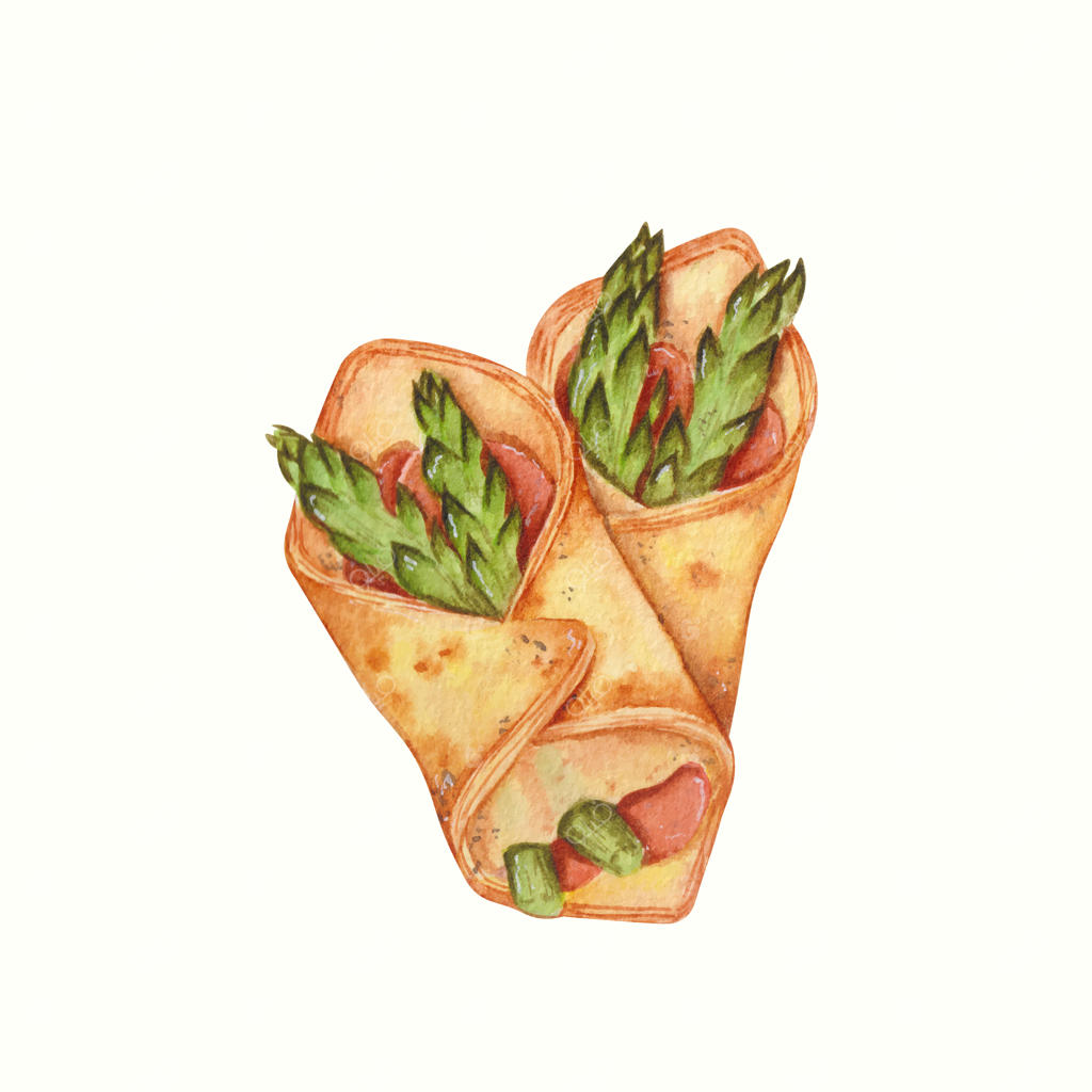 نقاشی دست‌ساز رول مارچوبه با آبرنگ در غذای لاتین آمریکایی