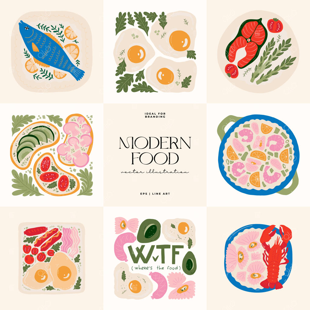 پوستر رستوران با طراحی مدرن و مینیمال به سبک ماتیس، شامل المان‌های انتزاعی غذا و ترکیب‌بندی سالم