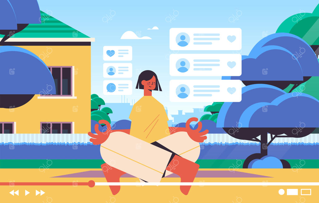 بلاگر تناسب اندام زن در حال ضبط ویدئو آنلاین - محبوبیت وبلاگ‌نویسی و ولوگ - زن بلاگر در حیاط خانه نشسته در حالت لوتوس