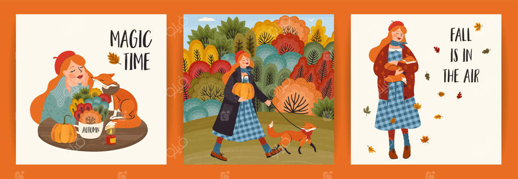 مجموعه‌ای از طرح‌های پاییزی با دختر بامزه - طراحی وکتور برای کارت، پوستر، بروشور و وبسایت و دیگر موارد