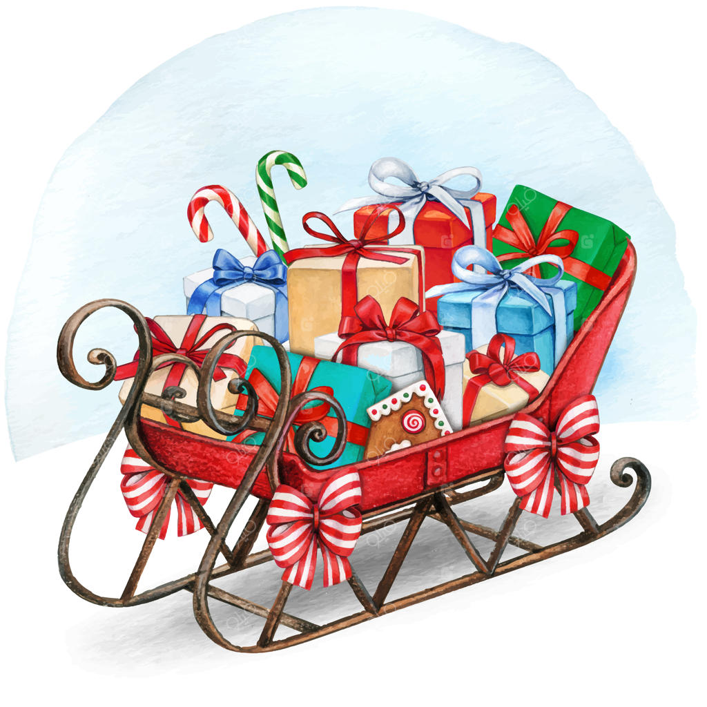 سورتمه کریسمس قدیمی با هدایای آبرنگی و خوراکی‌ها