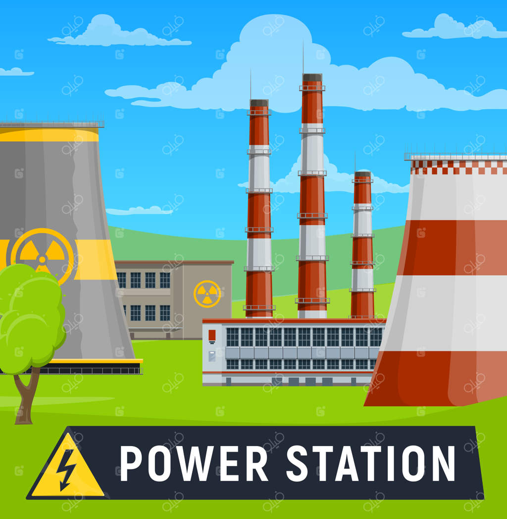 ساخت نیروگاه تولید برق با نماد هشدار تشعشع روی برج‌های خنک‌کننده