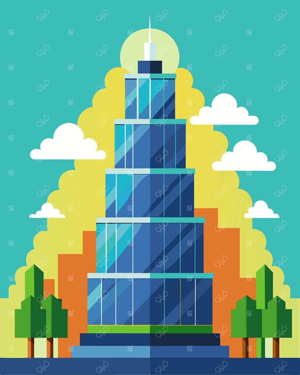 در بالای یک آسمان‌خراش باشکوه، صف‌هایی از پنل‌های خورشیدی با افتخار ایستاده‌اند و ساختمان را تغذیه می‌کنند و ردپای کربنی آن را کاهش می‌دهند.. تصویرسازی.