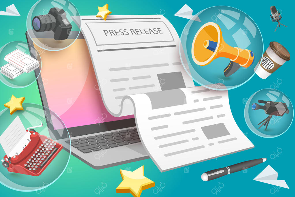 تصویرسازی مفهومی سه‌بعدی از انتشار مطبوعاتی، رسانه‌های دیجیتال، و اخبار آنلاین