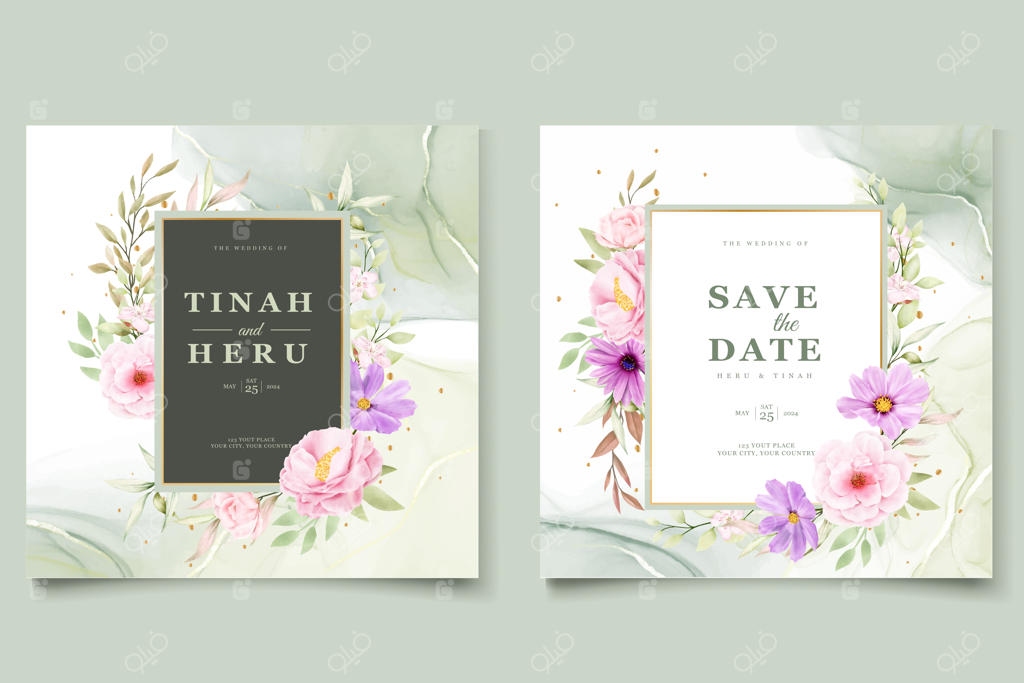 کارت دعوت عروسی با طرح آبرنگ گل داوودی