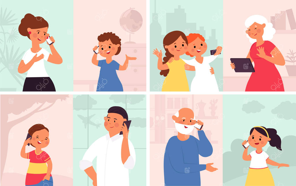 افراد در حال مکالمه تلفنی و مردی که به صحبت‌ها گوش می‌دهد، تماس تصویری دختران جوان با موبایل، گفتگو در چت گوشی، مجموعه وکتور جذاب