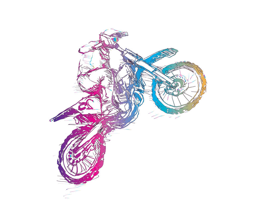 طرح موتورسوار ورزشی، خطوط نقاشی با رنگ‌های رنگین‌کمان