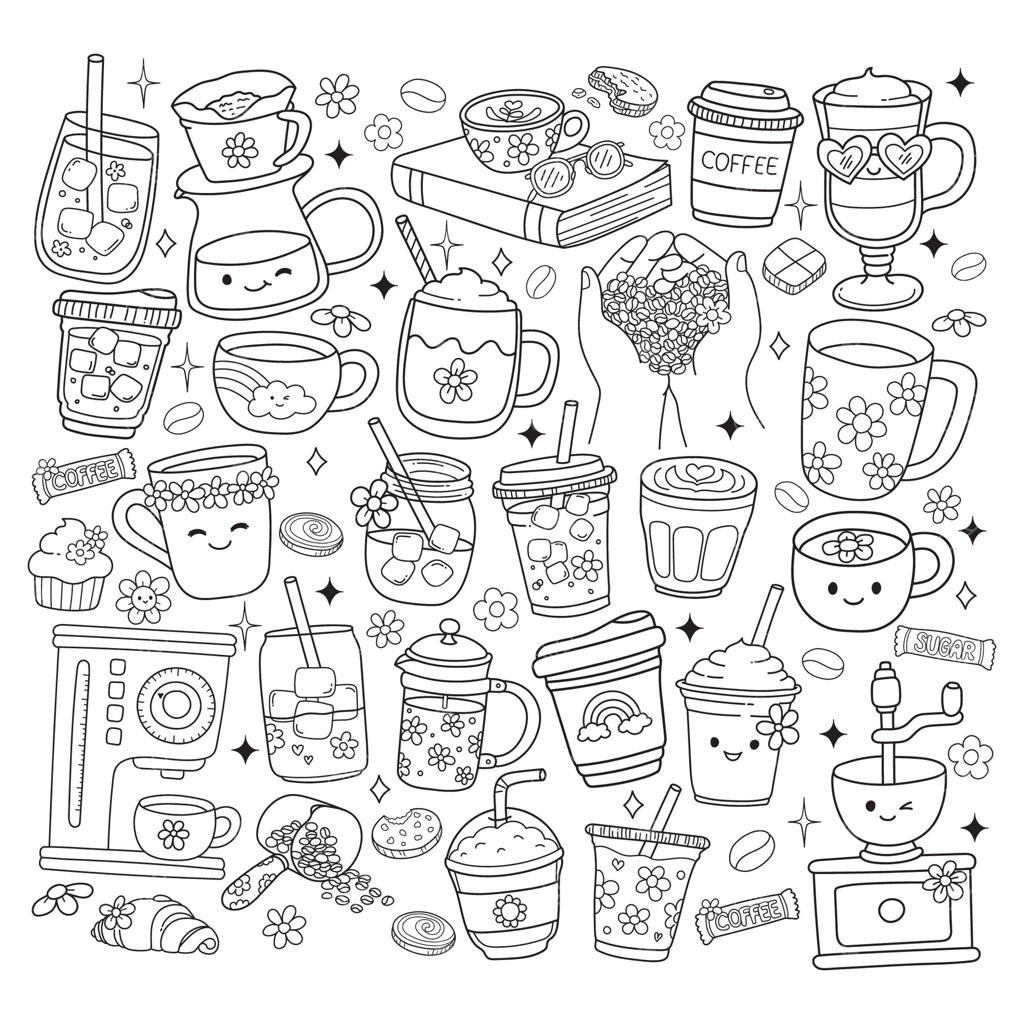 عاشق قهوه، ملزومات کافه باریستا به سبک کارتون و خطی برای رنگ‌آمیزی