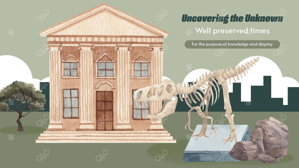 قالب بنر وبلاگ با موضوع باستان‌شناسی فسیل به سبک آبرنگی