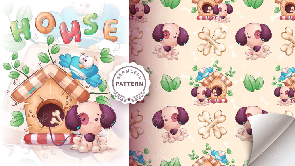 پترن یکپارچه شخصیت کارتونی سگ و پرنده بامزه