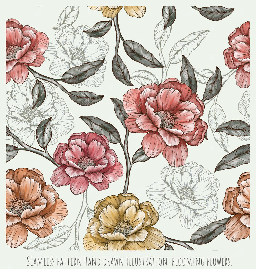 طرح یکپارچه با طراحی دستی گل‌های شکوفا شده