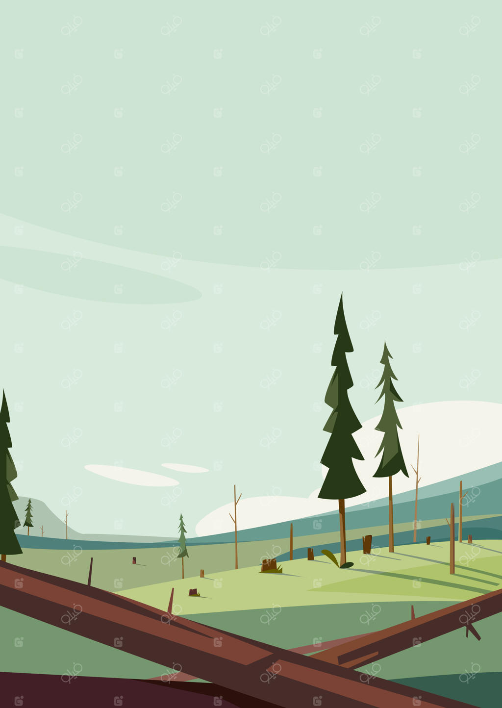 جنگل با درختان بریده شده: منظره‌ای از طبیعت مرده در قالب عمودی